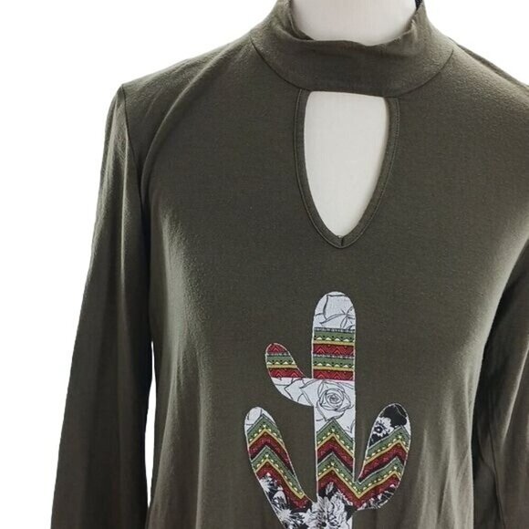 Altar'd State Top Womens Size Small Olive Green Cactus Graphic Keyhole Tunic - Picture 3 of 7